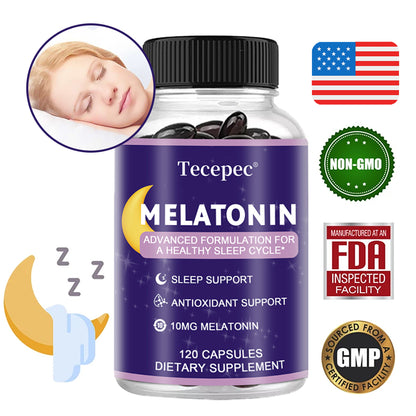 Tecepec Melatonin 10mg Sleep Support Capsules | Advanced Formula for Restful Sleep | 120 Capsules