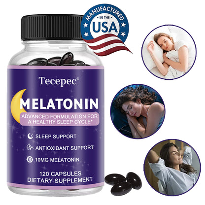 Tecepec Melatonin 10mg Sleep Support Capsules | Advanced Formula for Restful Sleep | 120 Capsules