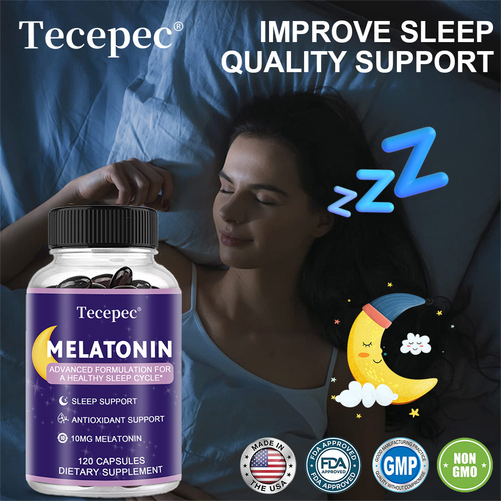Tecepec Melatonin 10mg Sleep Support Capsules | Advanced Formula for Restful Sleep | 120 Capsules