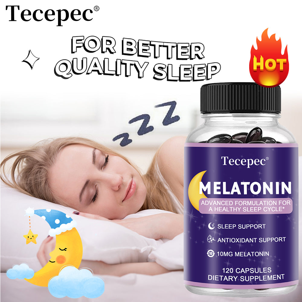 Tecepec Melatonin 10mg Sleep Support Capsules | Advanced Formula for Restful Sleep | 120 Capsules